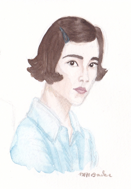 short-haired woman's face in profile and frontal view